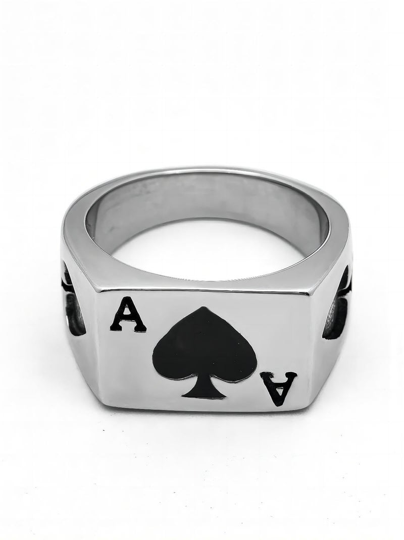 JAJAFOOK Mens Womens Stainless Steel Ring Poker Spade Ace Silver Black Sizes 6-14 - Image 3